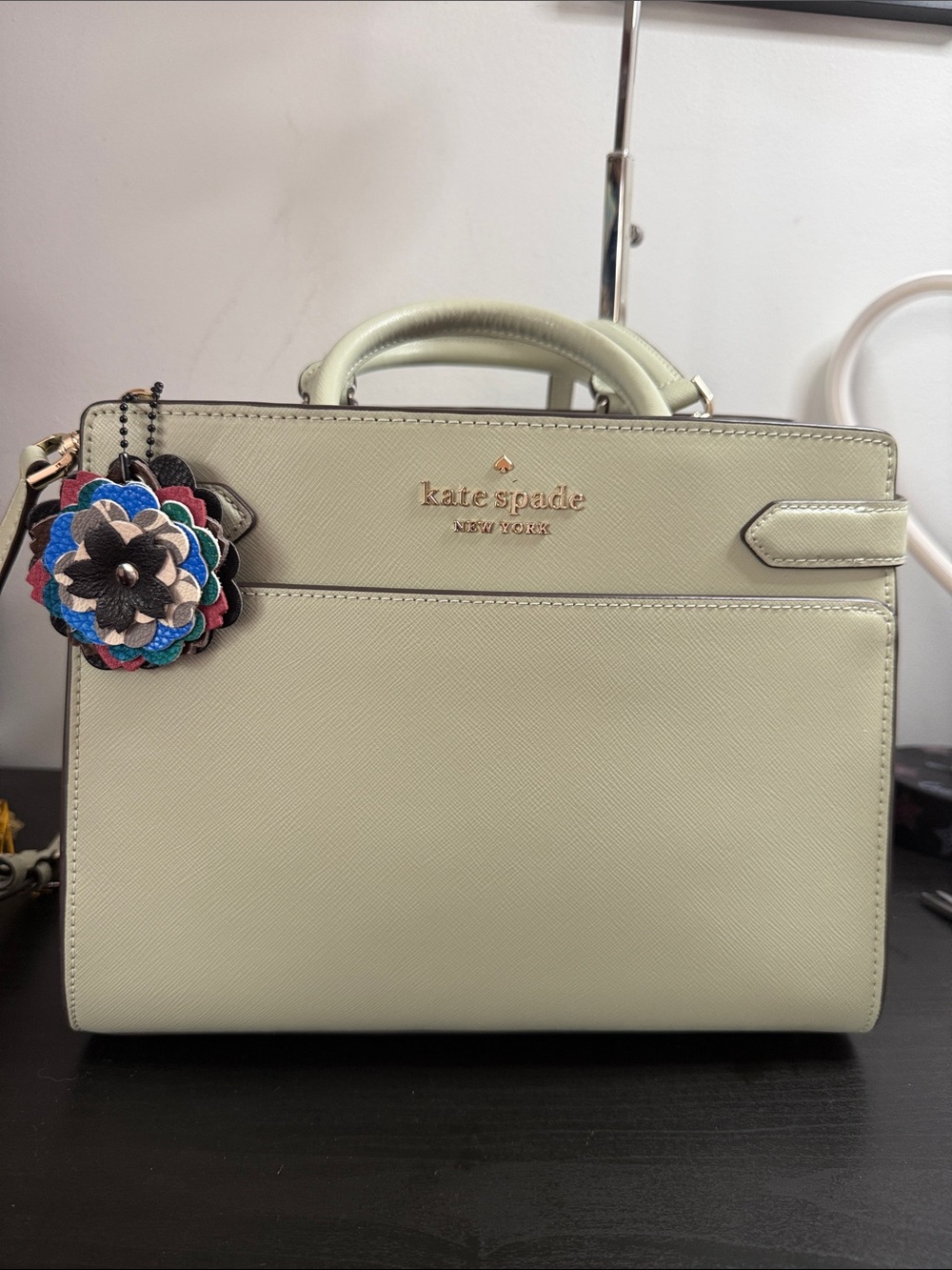 kate spade pale sage Staci saffiano leather satchel with floral charm